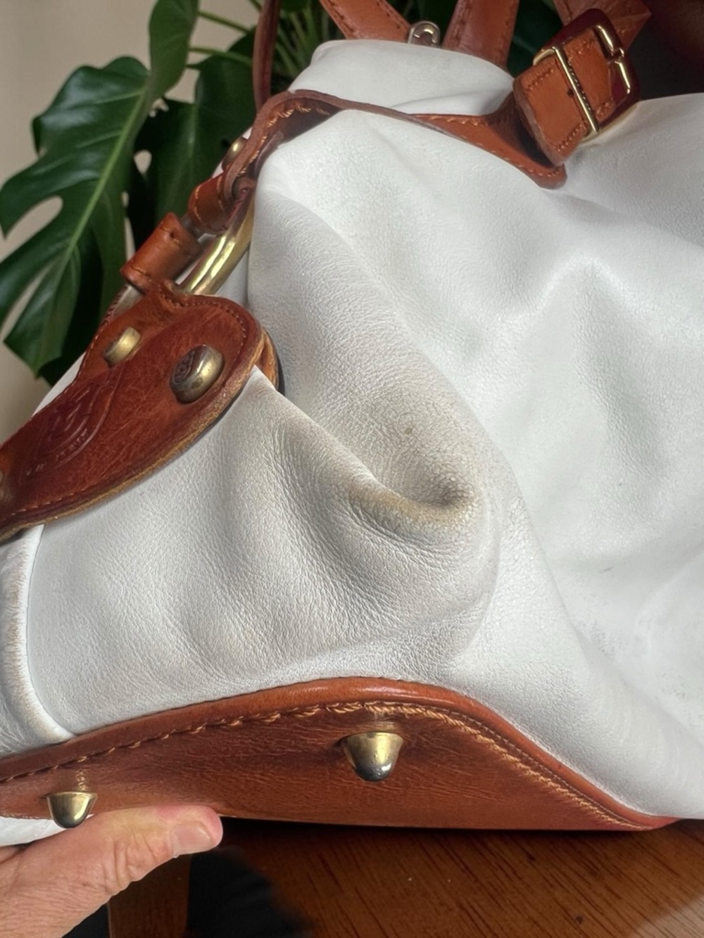Marino Orlandi White Italian Leather Shoulder Bag Large Tan Trim - Picture 10 of 14